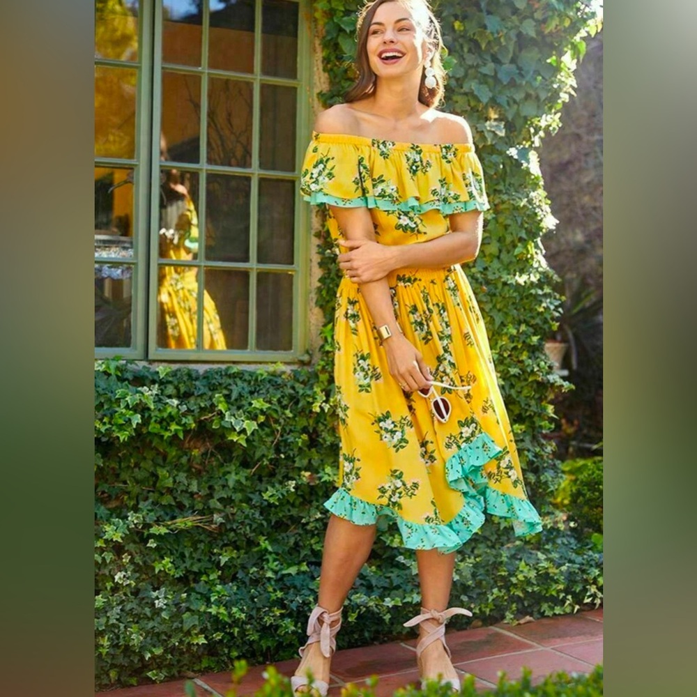Matilda Jane NEW Hooked On A Feeling Yellow Floral Ruffle Dress Sz Large